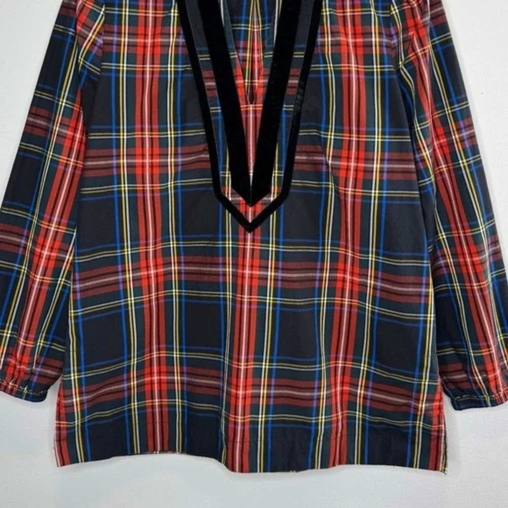 J.Crew‎ Plaid Tunic Top Small Black Red Velvet Trim Long Sleeve Preppy Classic